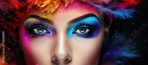 Exotic Beauty: Woman Embracing Colorful Feathers and Vibrant Makeup for Vogue Fashion Shoot