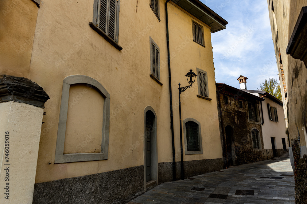 An ancient yellow building in the northern Italian city of Bergamo