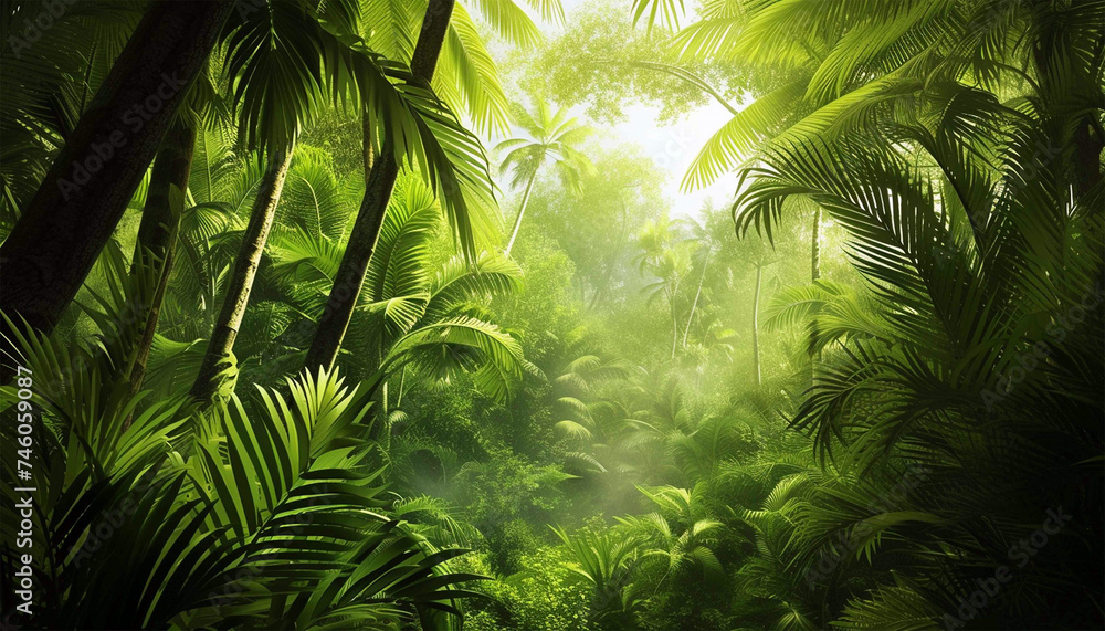 Tropical green rain forest with big trees and plants. Deep tropical jungles landscape background Tropical green rain forest with big trees and plants. Deep tropical jungles landscape background