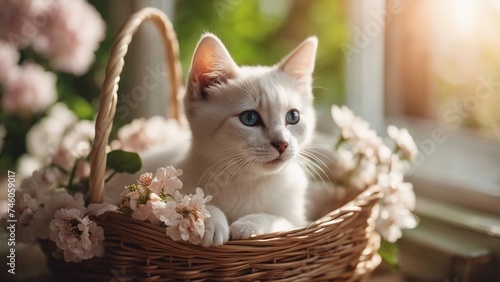 cat in a basket An enchanting kitten adorned with a floral chaplet, lying comfortably in a cozy basket, 