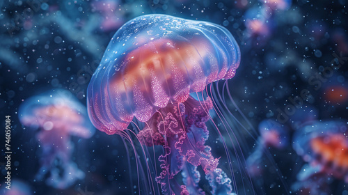 Beautiful jellyfish in the deep blue sea. 3d rendering