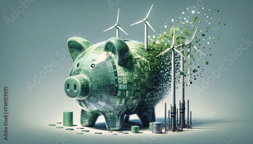 Transformative Sustainable Finance: Robust piggy bank blends practicality with digital evolution.