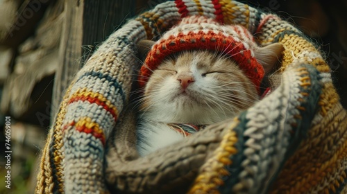 A cat in a knit hat sleeping peacefully wrapped in a blanket.