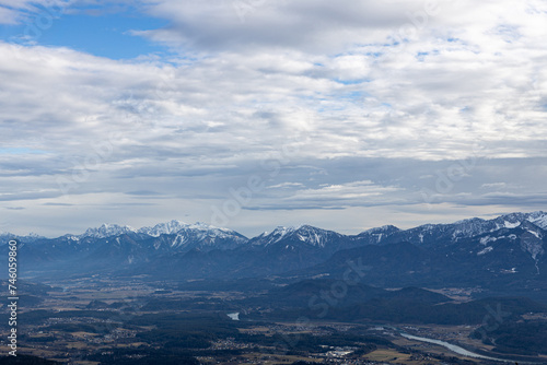 View from the Carinthian mountain G  rlizen to the Karawanken ridge and Lake Ossiacher in winter