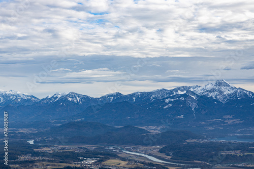 View from the Carinthian mountain Görlizen to the Karawanken ridge and Lake Ossiacher in winter