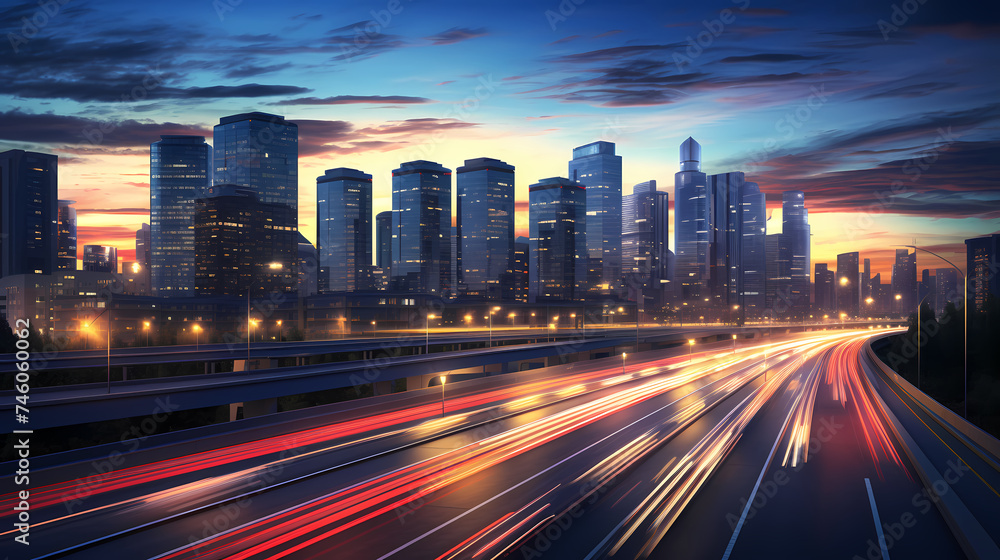 Fototapeta premium Big city skyline and traffic lights blur motion, skyscrapers and highway light tracks during rush hour