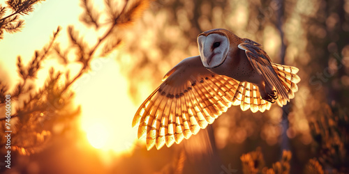 Hunting Barn Owl in flight. Flying bird tyto photo