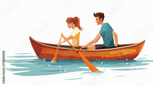Man and woman rowing a boat isolated on white background