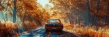 Vintage car on autumn road - Classic blue car driving through a beautiful forest with sunlight filtering through autumn leaves, suggesting adventure and nostalgia