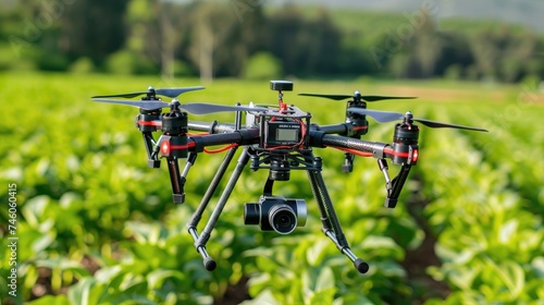 Advanced drone hovering over vibrant green crops.