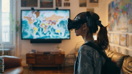 Woman experiencing virtual reality at home - Young adult engaged with a VR headset, exploring digital worlds in a cozy home environment