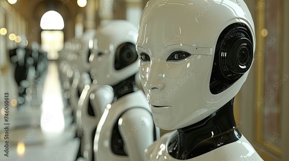 Humanoid robot with a lifelike face in a modern architectural setting. Humanoid robot with a lifelike face in a modern architectural setting.