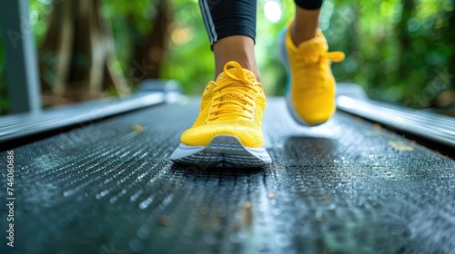 Bright yellow sneakers on a treadmill, surrounded by greenery.