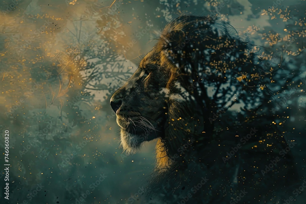 A lion's profile blended with the texture of a starry night sky in a double exposure 