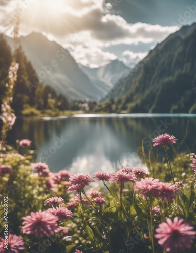 Beautiful landscape of a lake, mountains, and flowers with sun is shining