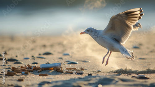 seabird on the seashore on the beach, a cigarette butt is lying nearby, smoking, garbage, environmental pollution