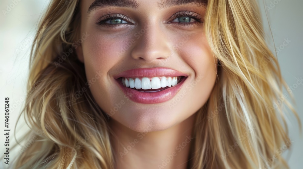 Beautiful happy smiling young lady with healthy white teeth looking at camera against gray background. AI Generated Beautiful happy smiling young lady with healthy white teeth looking at camera against gray background. AI Generated