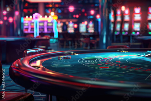 close-up, casino with poker table with chips, against the background of slot machines, night life, empty room