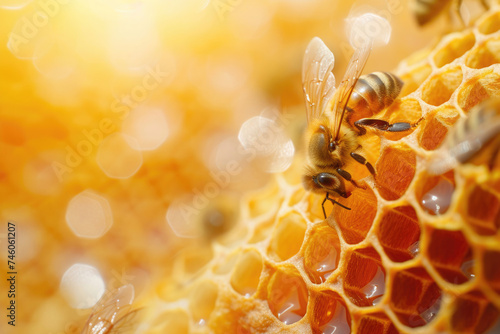 close-up, one bee on a honeycomb with honey, yellow hexagons, empty space for text