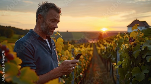 Smiling winemaker checking smartphone in golden hour vineyard. photo