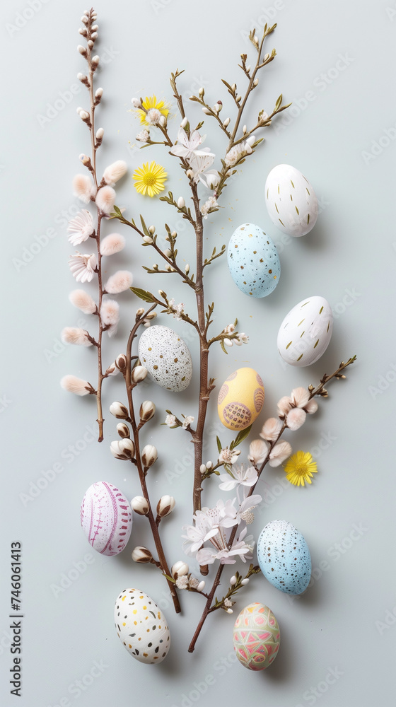 Happy Easter. Vertical banner, instagram story or tiktok background. Pastel colored eggs on light background, natural colors
