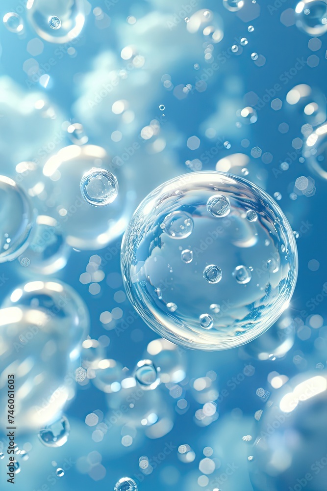 Crystal clear bubbles against a tranquil blue sky background.