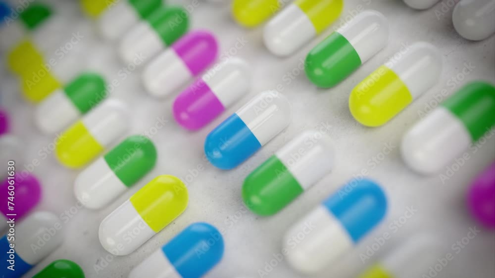 Pharmacy concept, over-prescription, overmedication concept: differently colored pills / capsules arranged as flat lay on a sheet of paper. Camera flying over Pharmacy concept, over-prescription, overmedication concept: differently colored pills / capsules arranged as flat lay on a sheet of paper. Camera flying over