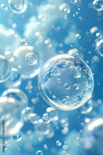 Crystal clear bubbles against a tranquil blue sky background.