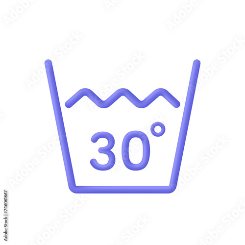 3D Temperature wash icon. Wash at 30 degree or bellow icon.