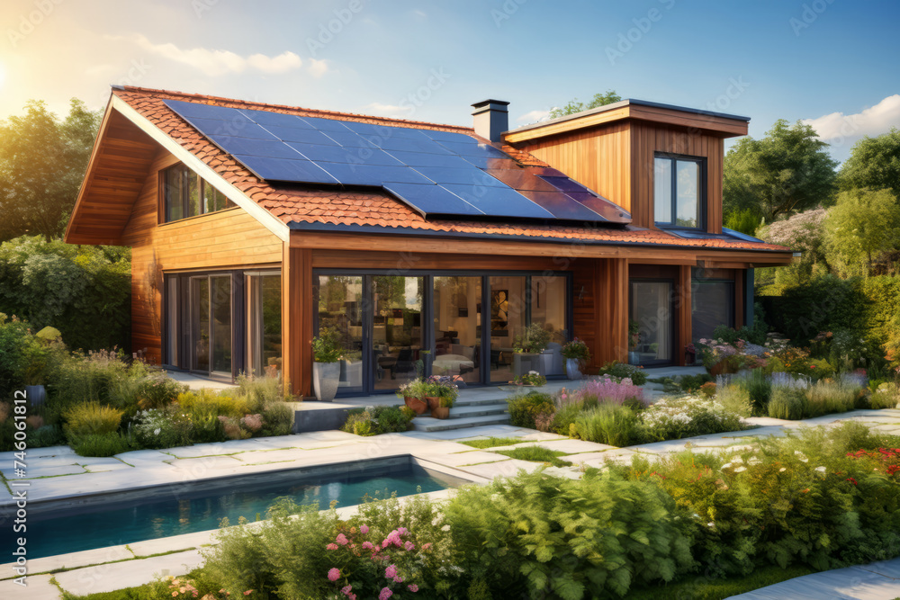 Illustration of rustic sustainable house with big windows, swimming pool and solar panels on the roof, surrounded by trees and plants. Photovoltaic system, eco friendly house concept