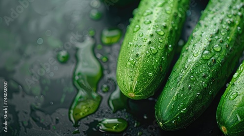 Dew-covered cucumbers on a reflective dark surface.