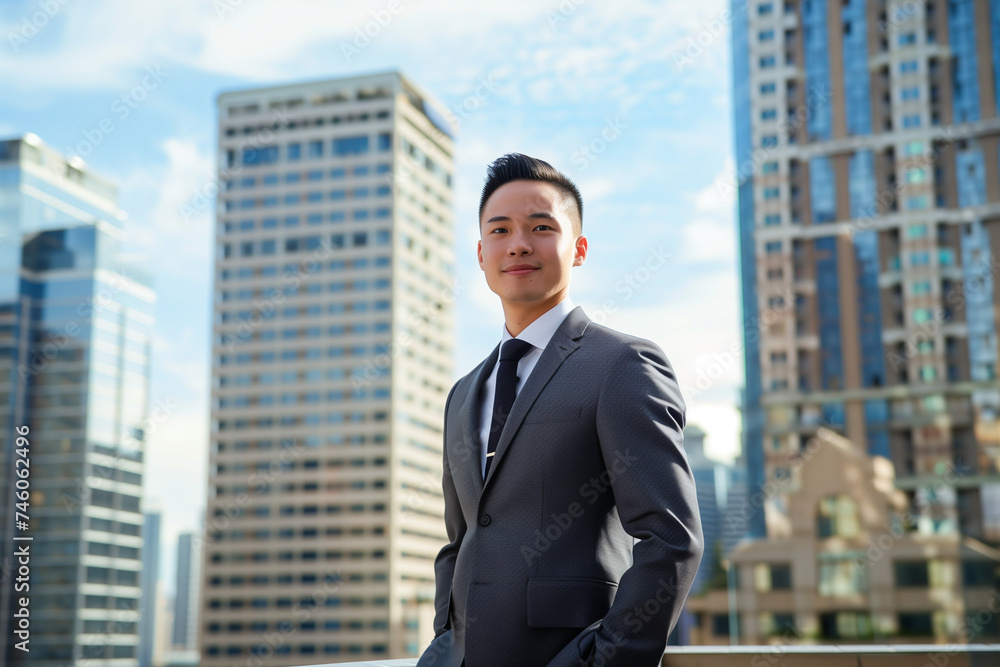 Young Asian Businessman in Suit Standing Before Urban Skyline: Corporate Success Concept Young Asian Businessman in Suit Standing Before Urban Skyline: Corporate Success Concept