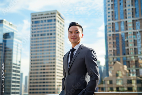 Young Asian Businessman in Suit Standing Before Urban Skyline: Corporate Success Concept © Richard