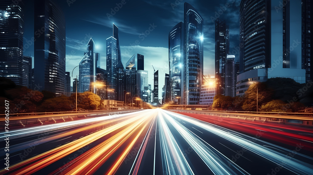 Naklejka premium Big city skyline and traffic lights blur motion, skyscrapers and highway light tracks during rush hour