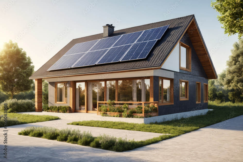 Illustration of modern sustainable house with big windows and solar panels on the roof, surrounded by trees and plants. Photovoltaic system, eco friendly house concept