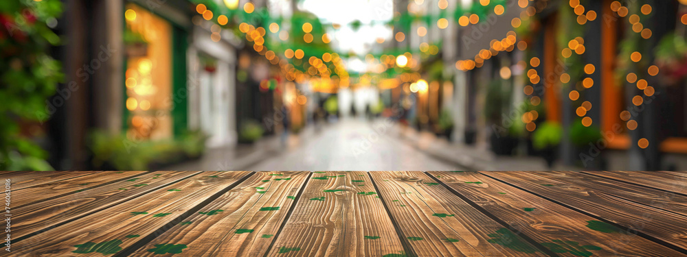 Сoncept holiday St. Patrick's Day. Wooden empty tabletop on blurred Irish city street background. Сoncept holiday St. Patrick's Day. Wooden empty tabletop on blurred Irish city street background.