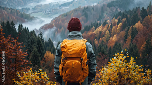 Solo traveler with yellow backpack admiring misty autumn forest. © AdriFerrer