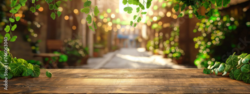 Сoncept holiday St. Patrick's Day. Wooden empty tabletop on blurred Irish city street background.