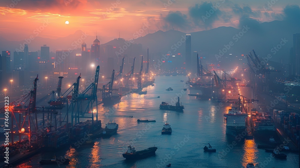 View of a bustling cargo port with container ships and cranes, reflecting lights on water. - obrazy, fototapety, plakaty 