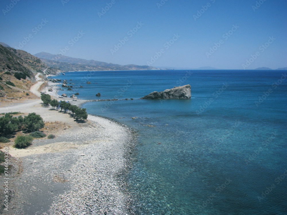 View of the Mediterranean Sea and the beach near Preveli, Crete, Greece, May 2008
