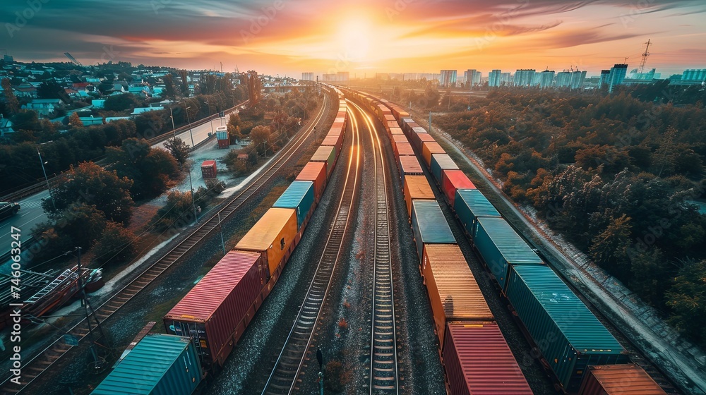 Stunning sunset skies over a busy rail freight station lined with various cargo trains. - obrazy, fototapety, plakaty 