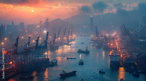 View of a bustling cargo port with container ships and cranes, reflecting lights on water.