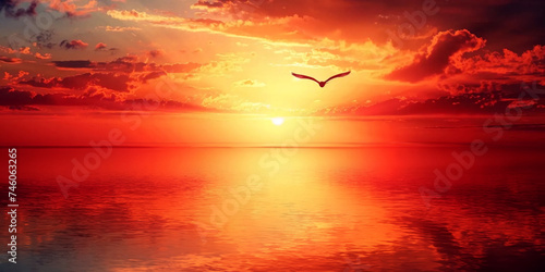 Colorful sky at sunset over the ocean with seagull in flight over the seascape. 