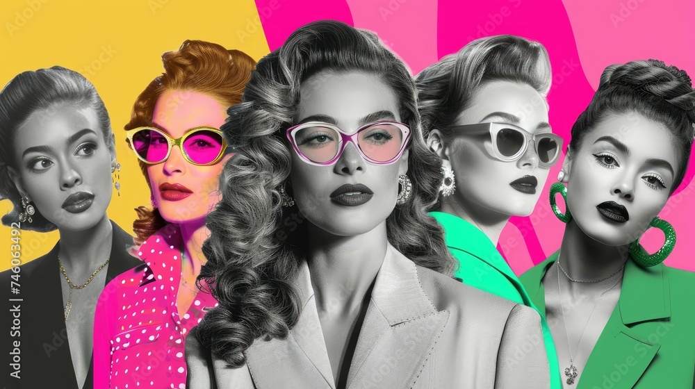 Fototapeta premium Retro-styled women in vibrant pop art collage.
