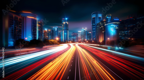 Big city skyline and traffic lights blur motion  skyscrapers and highway light tracks during rush hour
