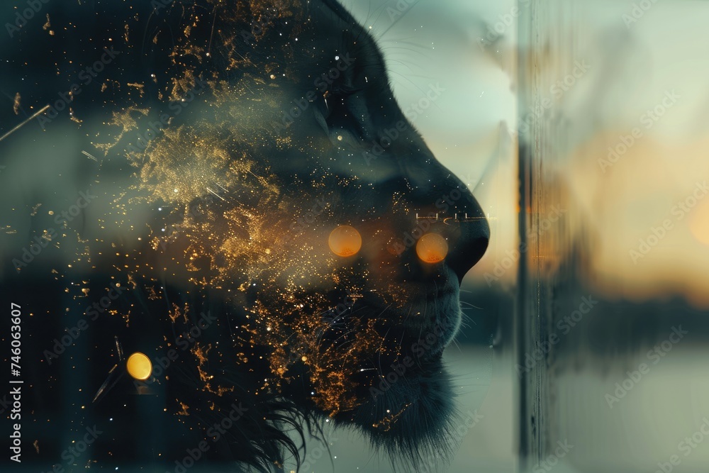 Fototapeta premium A lion's profile blended with the texture of a starry night sky in a double exposure 
