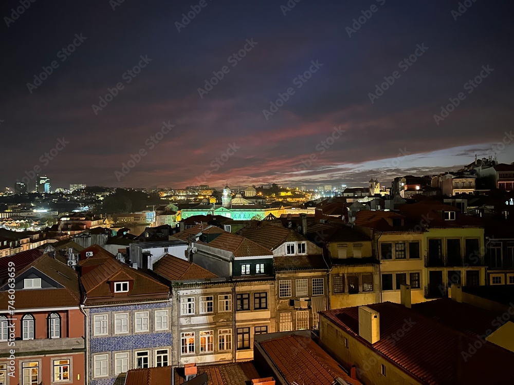 View of the historic houses of the city Porto in the dusk, Porto, Portugal, November 2022
