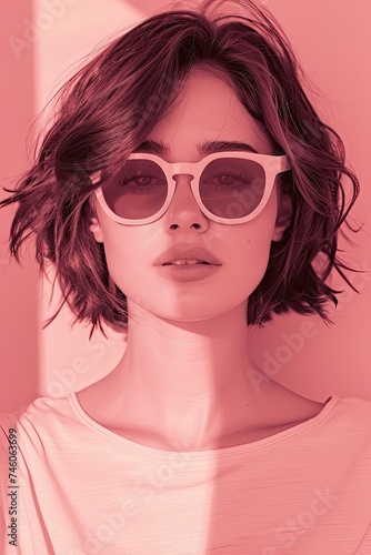 Stylish young woman with sunglasses in pink tones.