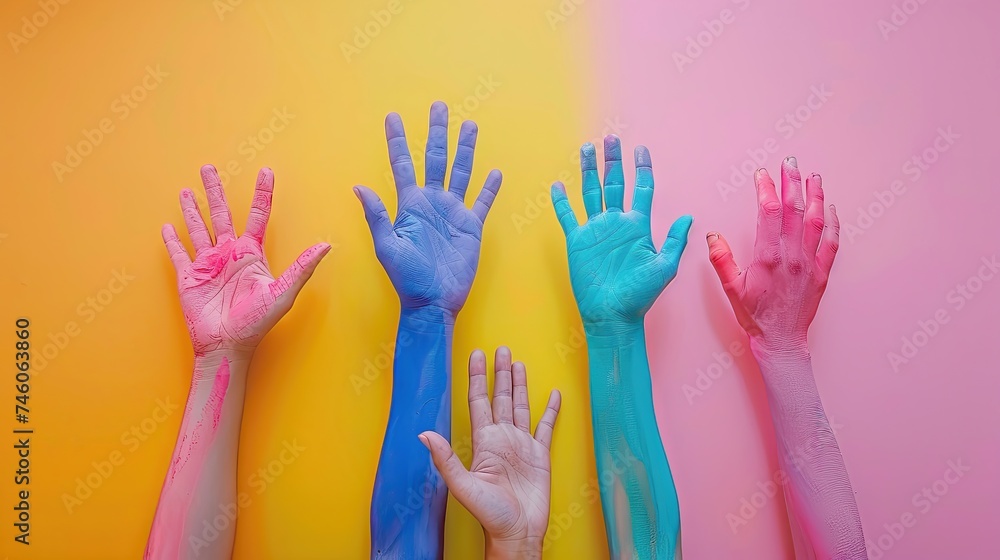 Hands in various poses with a colorful paint coating. Hands in various poses with a colorful paint coating.