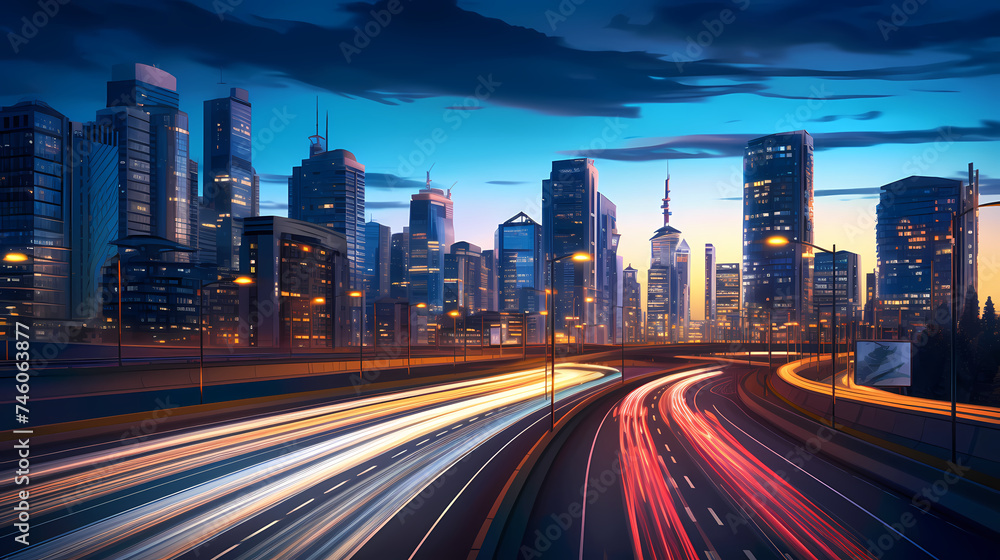 Fototapeta premium Big city skyline and traffic lights blur motion, skyscrapers and highway light tracks during rush hour